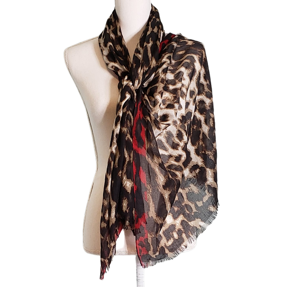 Chic Elegance: Lightweight Animal Print Scarf with Red Stripes